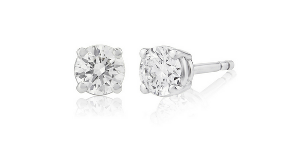 Round cut diamond studs, 0.52 carat GIA graded D, VS1 brilliant cut diamond earrings, side view
