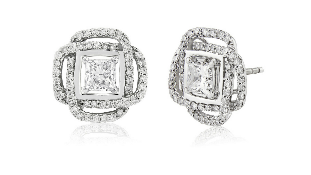 Square diamond earring jackets with 1 carat solitaire diamond earrings